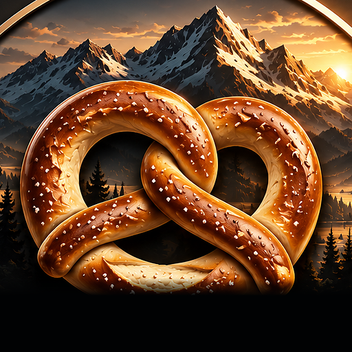 BrezelStudios – Emblem: Brezel vor Bergpanorama
