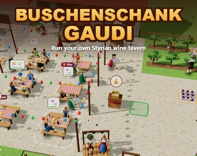 Spielszene aus Buschenschank Gaudi: Gäste an Tischen im Hof der Buschenschank